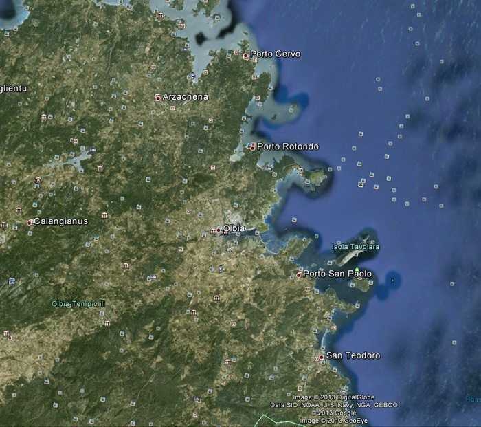 Olbia'nın Google Earth'den uydu haritası görüntüsü