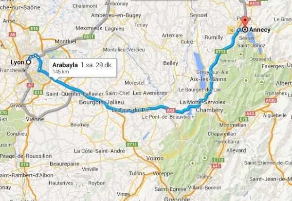 Annecy - Lyon arası mesafe  © Google Maps