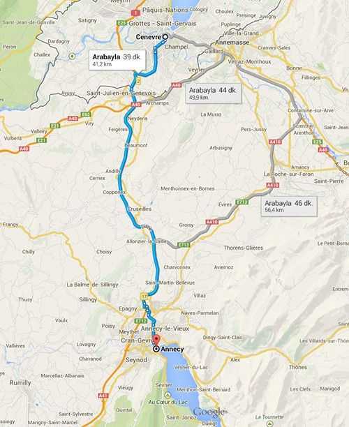 Annecy - Cenevre arası mesafe  © Google Maps