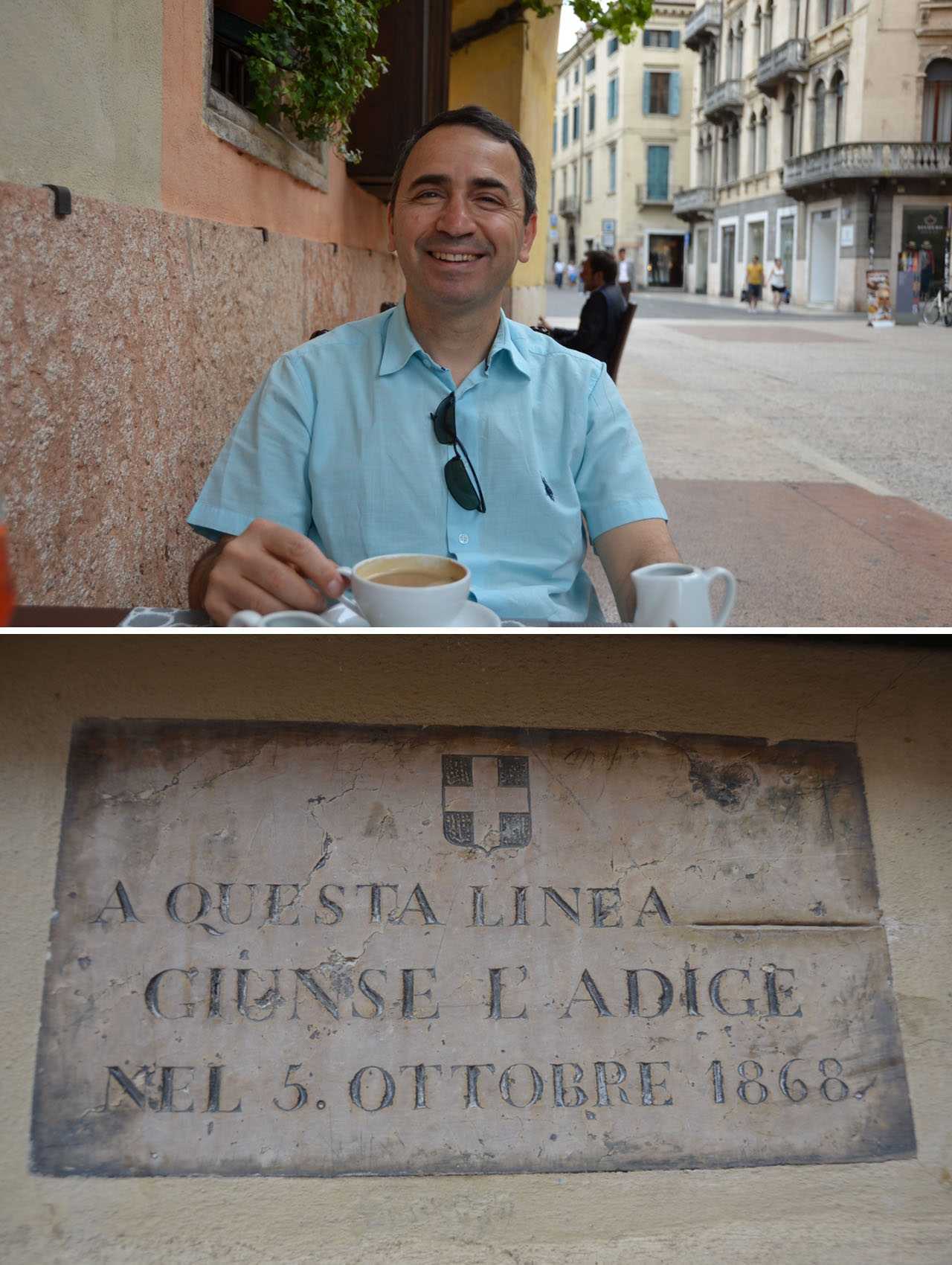 Sel seviyesini gösteren tabela Murat’ın boynuna dek geliyor… Porta dei Borsari - Caffe Rialto…